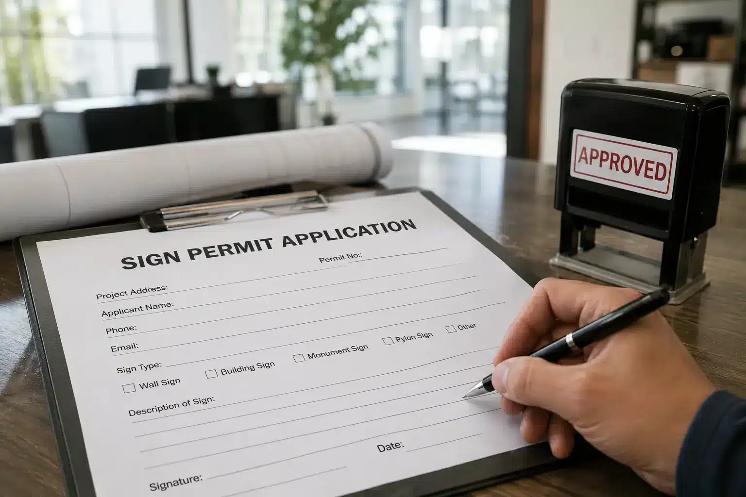Sign permit application being completed and approved
