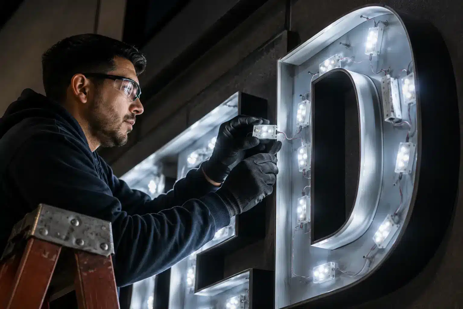 Technician replacing LED modules inside a channel letter sign