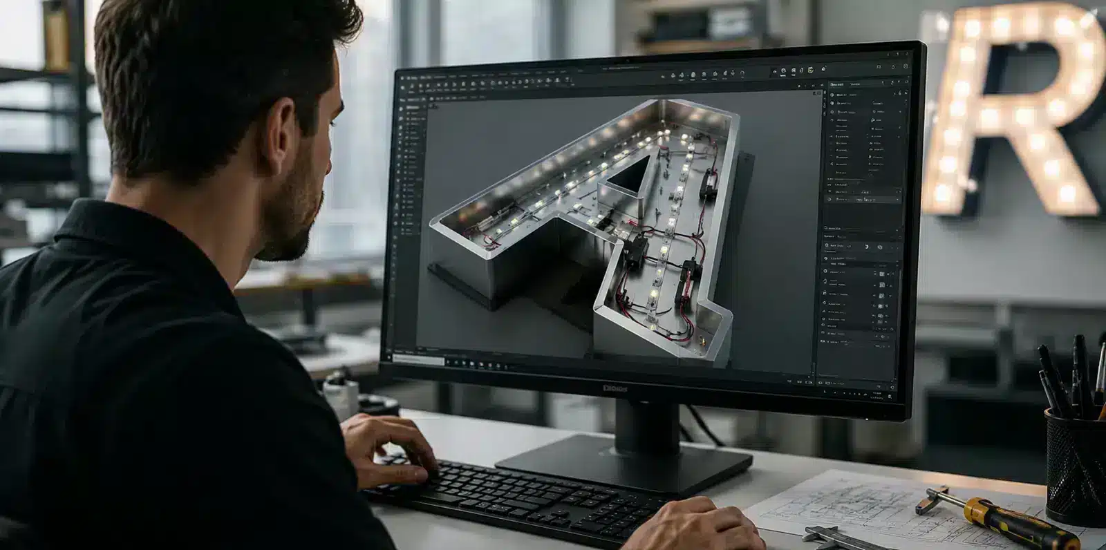 Three dimensional sign design on screen at a workstation