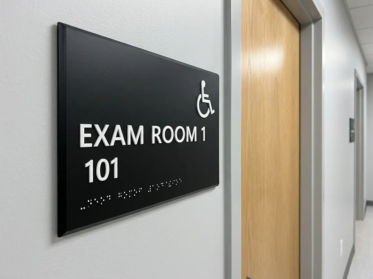 ADA exam room sign with tactile characters and Braille