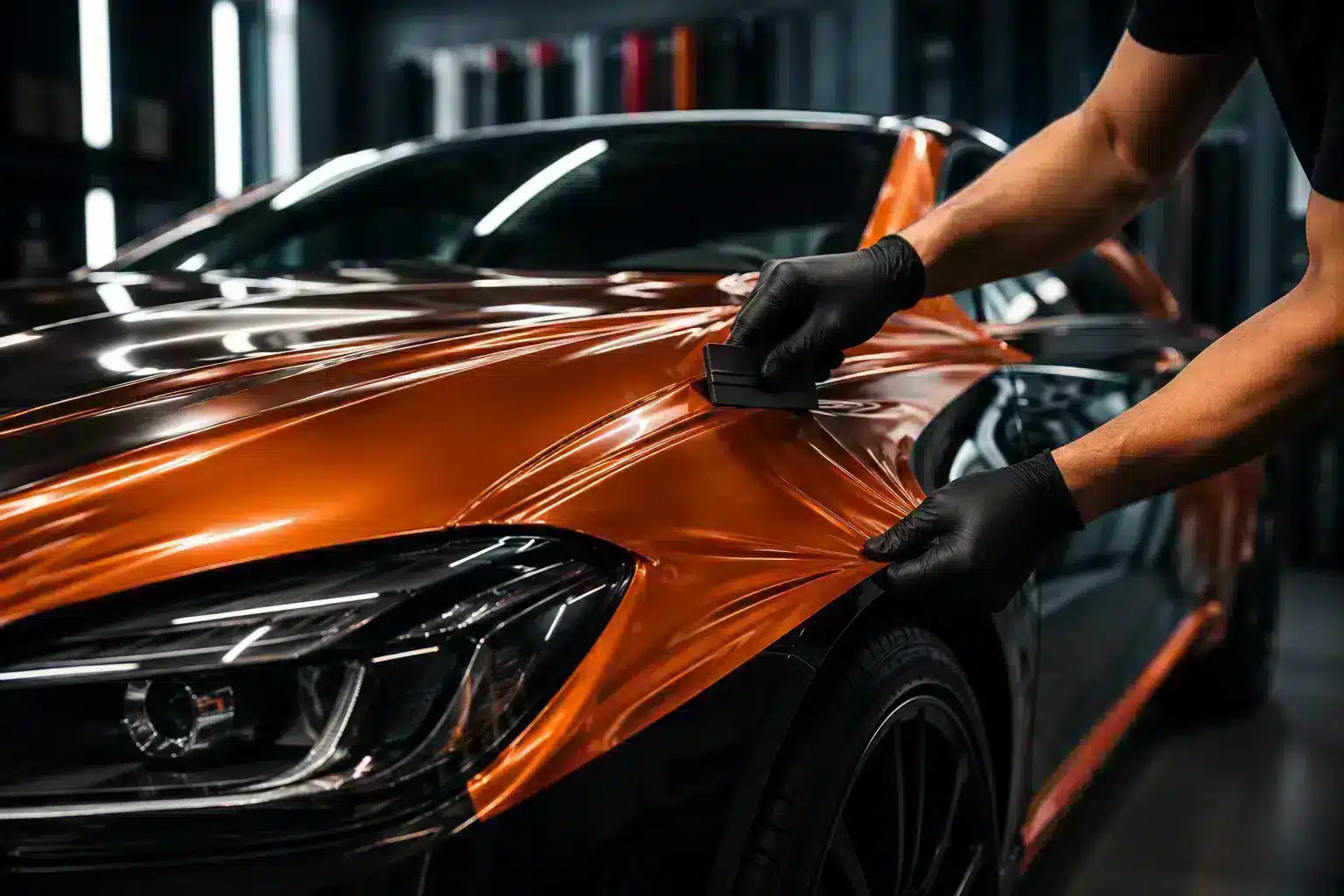 Applying a color change wrap to a sports car
