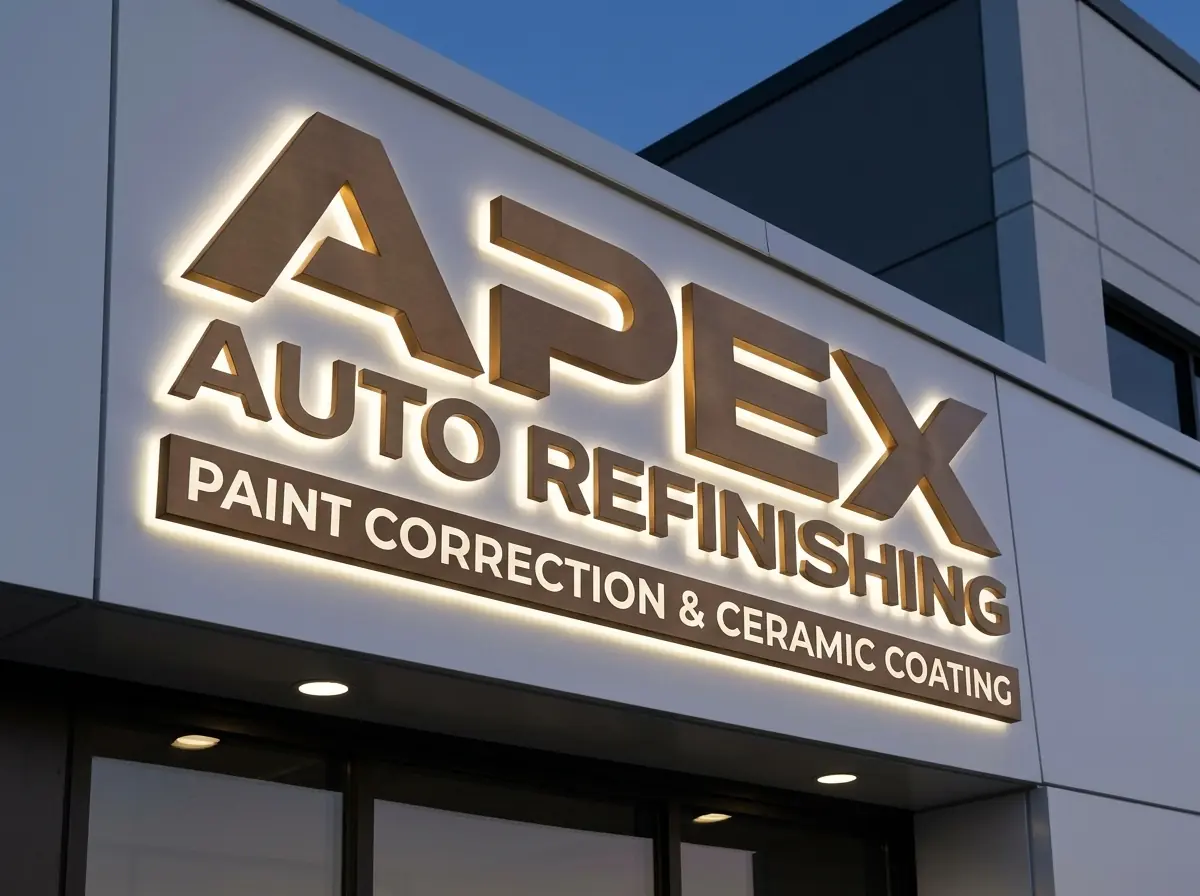Illuminated channel letter sign on an auto refinishing shop