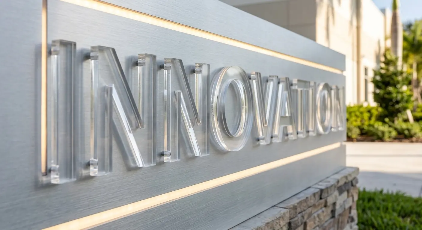 Backlit acrylic letters on a modern monument sign