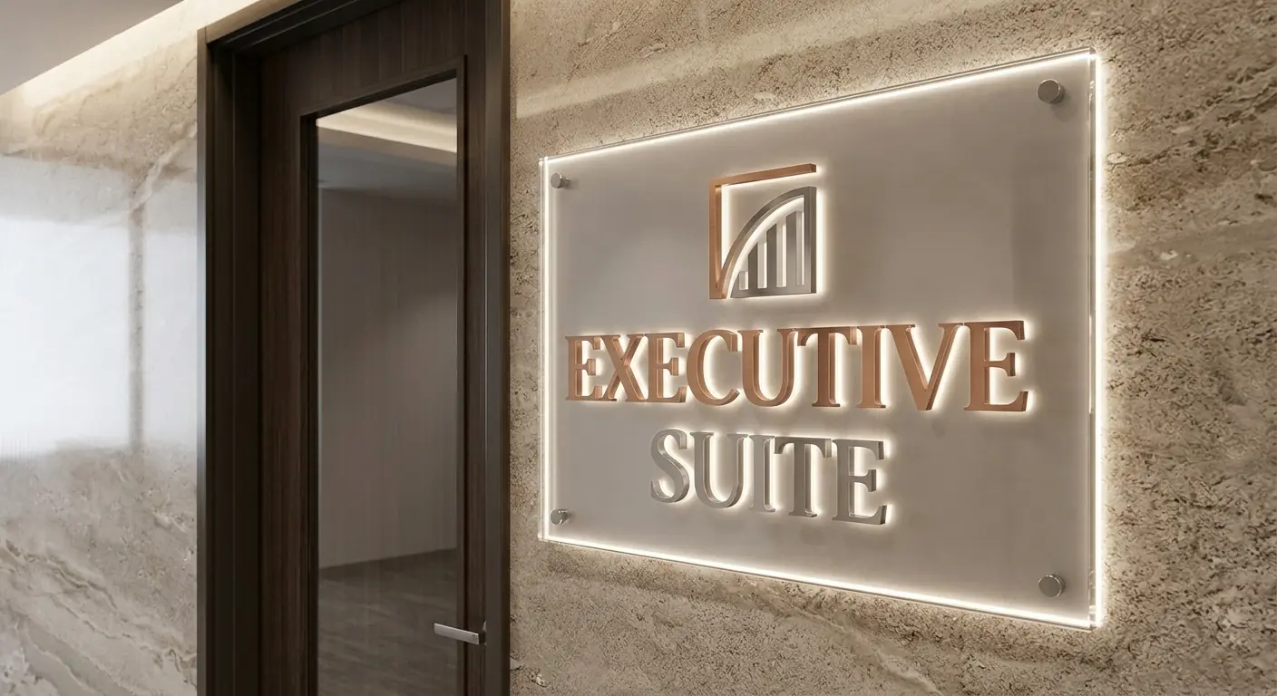 Backlit acrylic suite sign beside an office door
