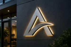 Backlit logo sign mounted on an exterior wall