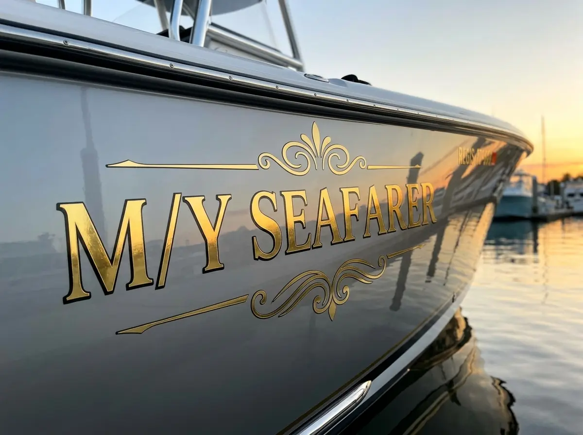 Custom lettering on the hull of a yacht at sunset