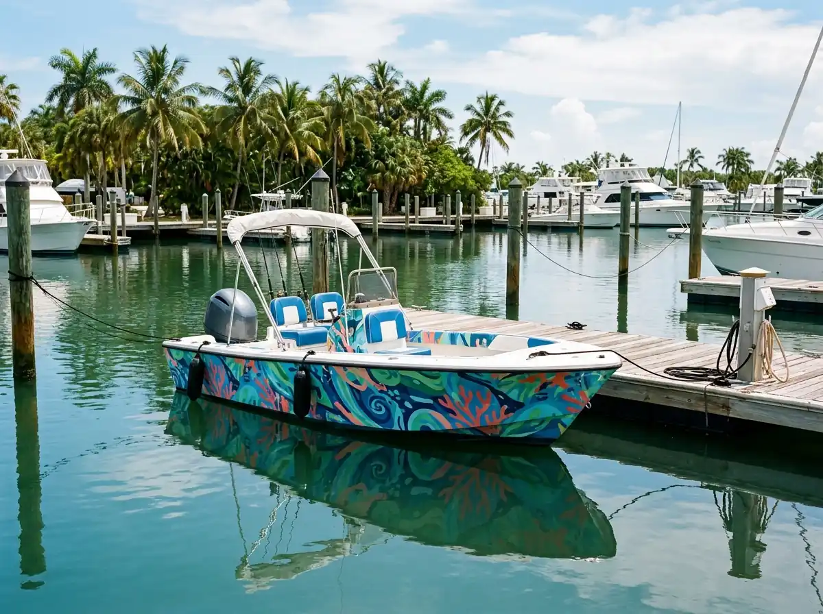 Boat with a full graphic wrap docked at a marina