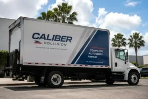 Box truck with full fleet graphics for an auto body business