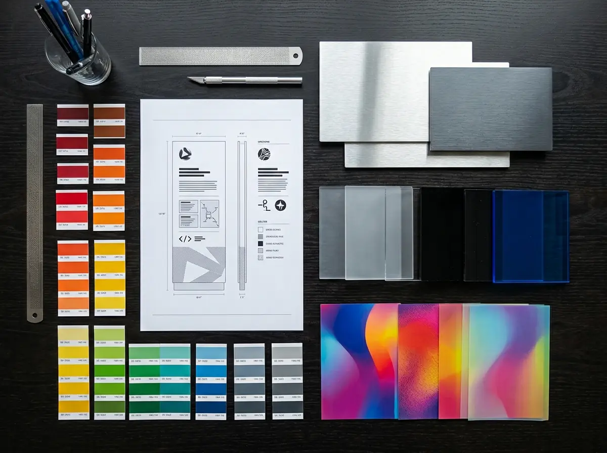 Brand identity materials and color palette flat lay