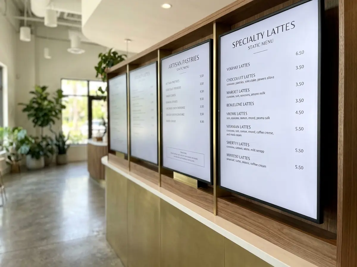 Wall-mounted menu boards inside a cafe