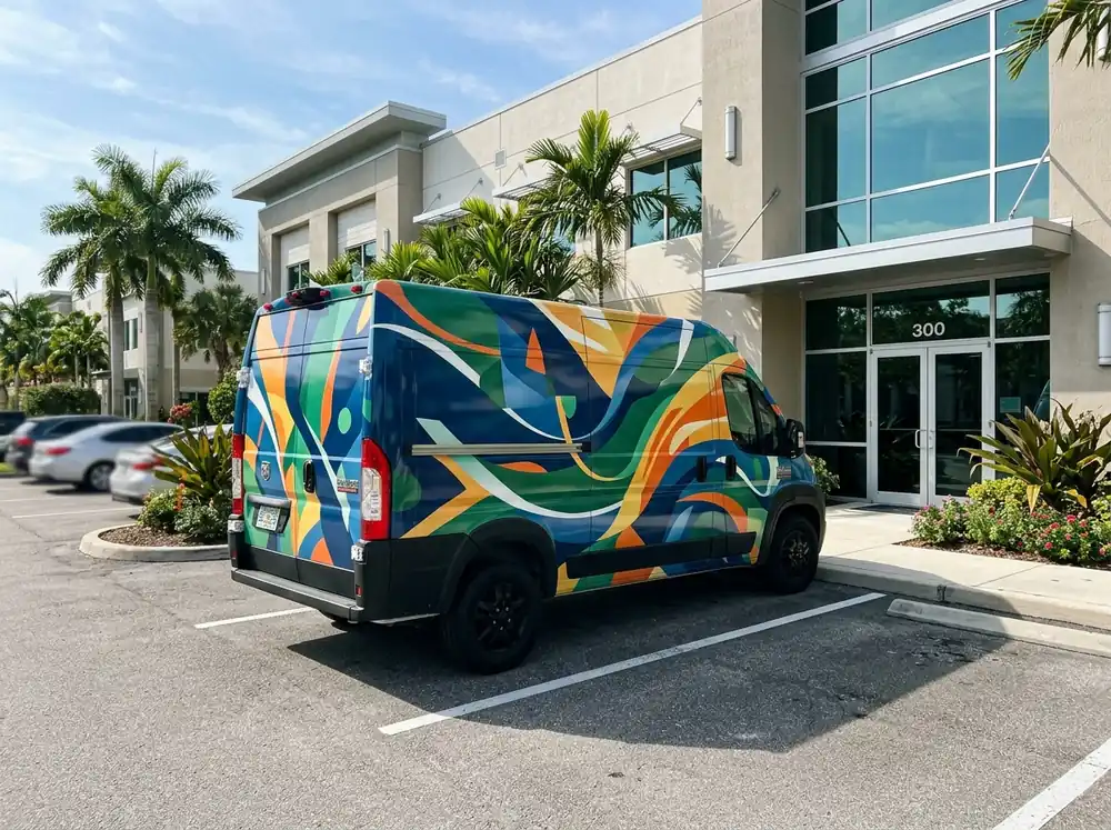 Cargo van with a full color wrap outside a commercial building