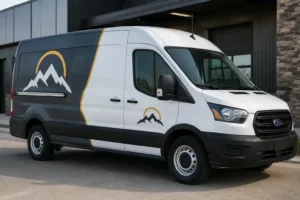 Cargo van with a mountain logo wrap design
