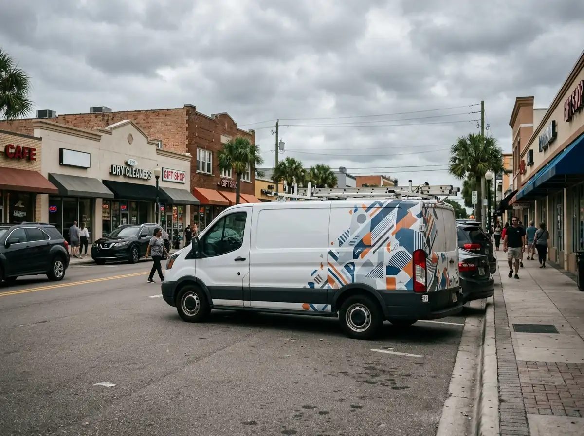 Commercial van with a partial wrap parked on a street