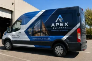 Commercial van with full wrap branding for a builder