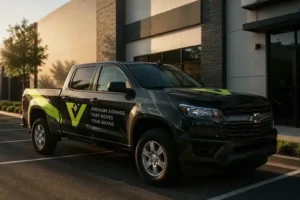 Contractor pickup truck with partial vehicle graphics