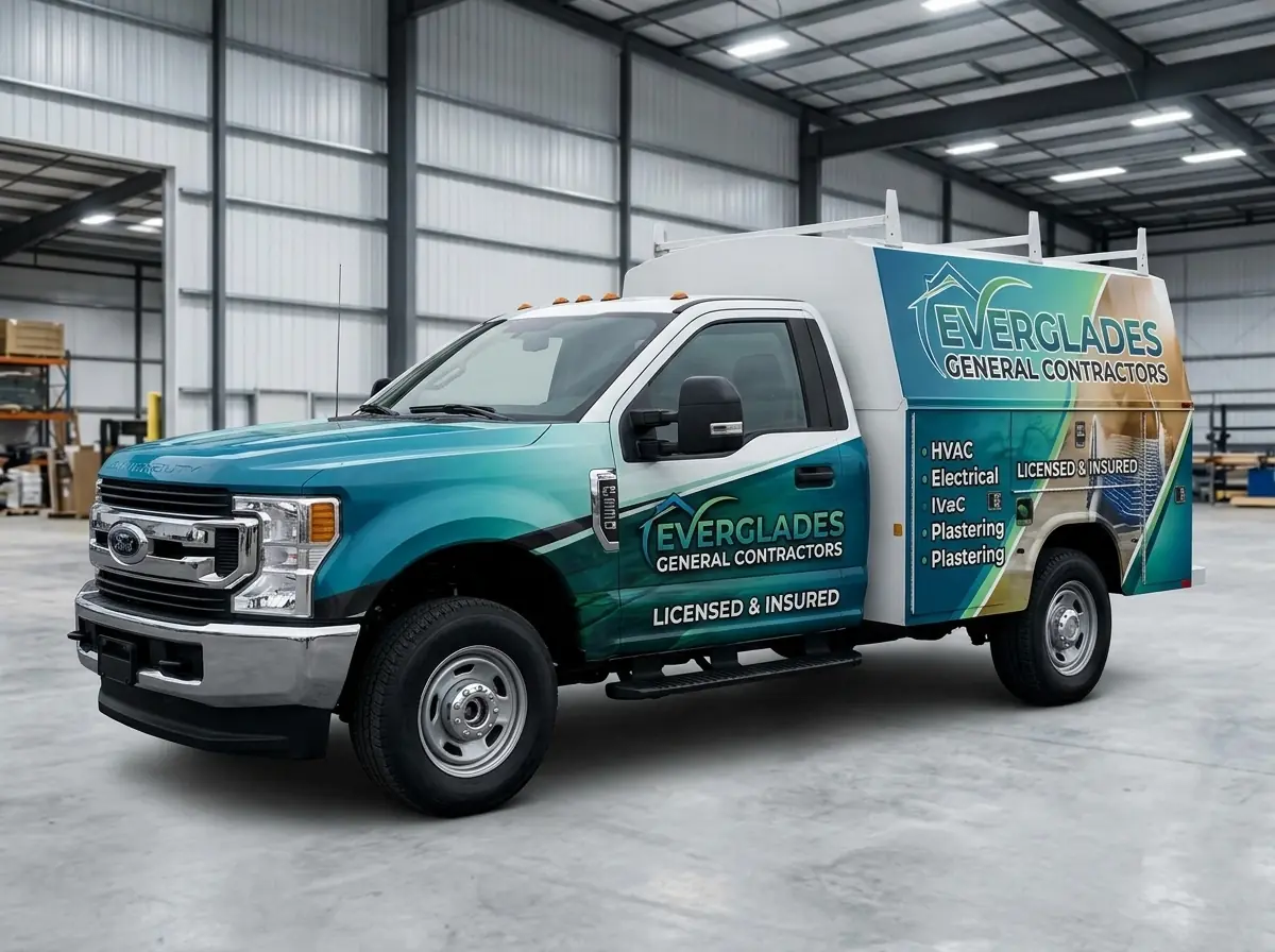 Work truck with full contractor branding graphics