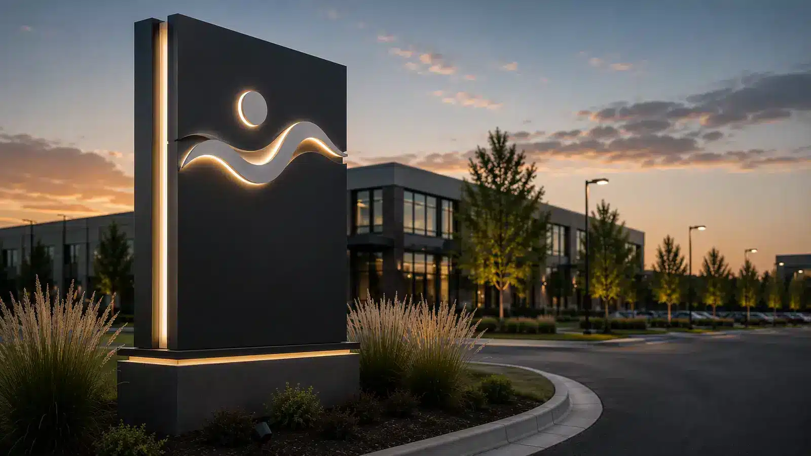 Monument sign outside a corporate office building at dusk