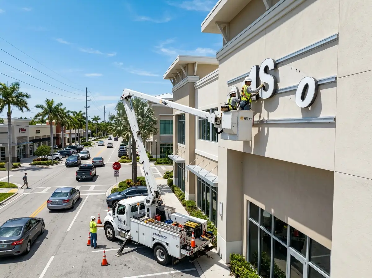 Crane installing illuminated dimensional letters on a storefront
