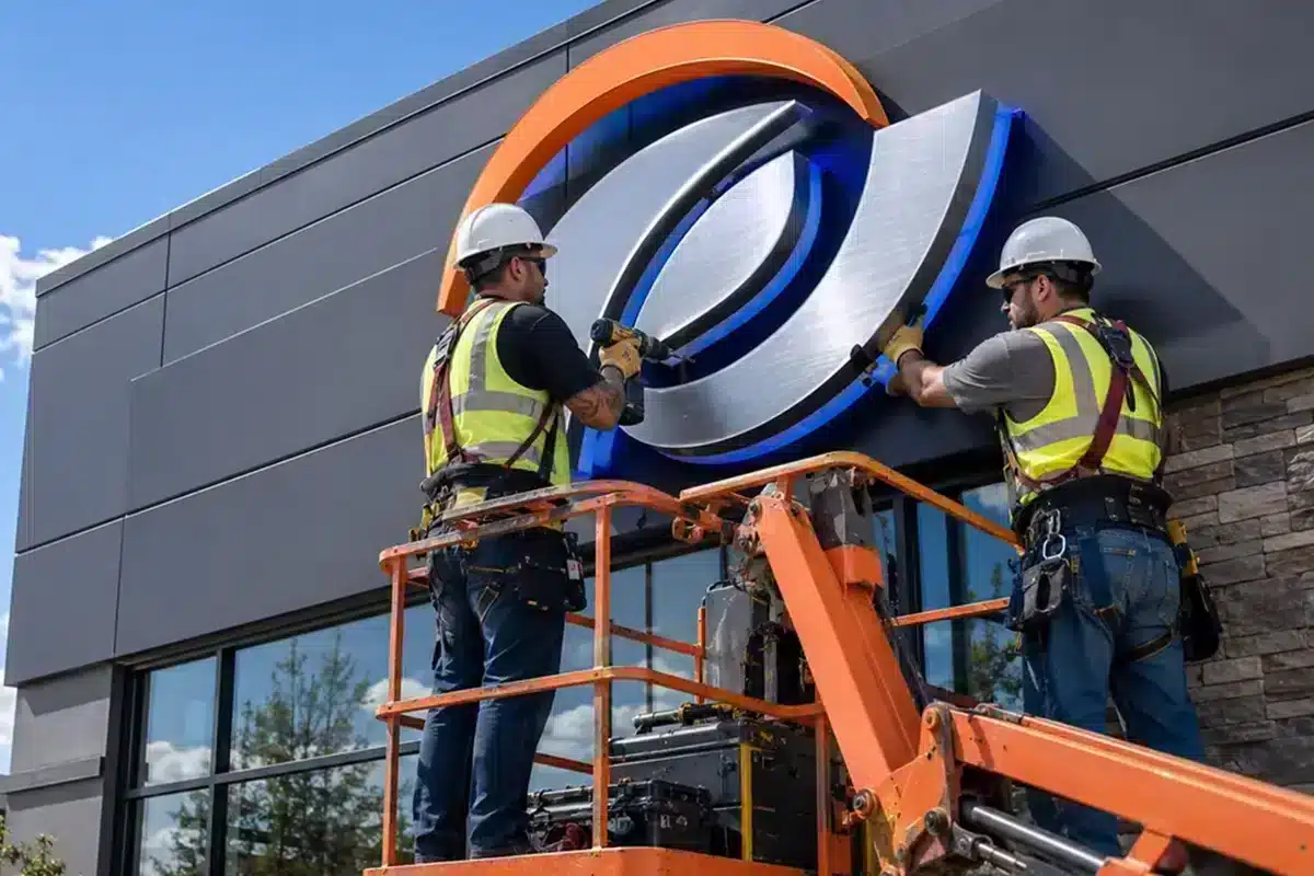 Two installers securing an illuminated logo sign from a boom lift