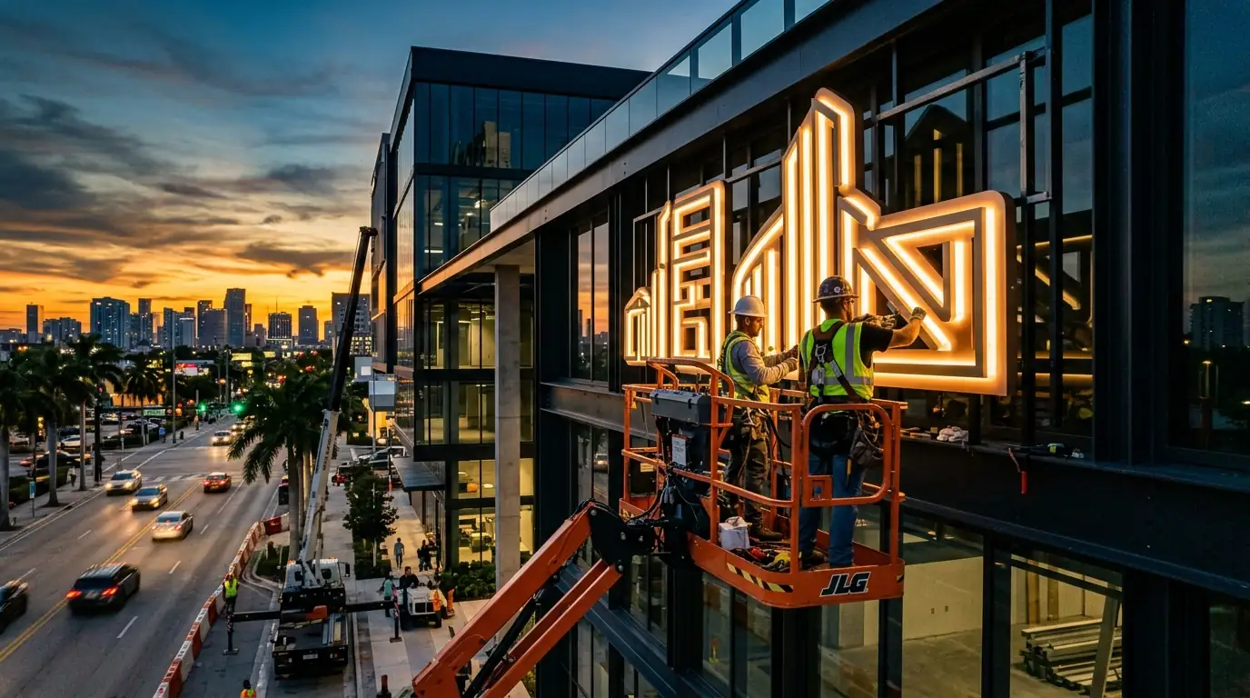 Large custom illuminated sign being installed on a building facade