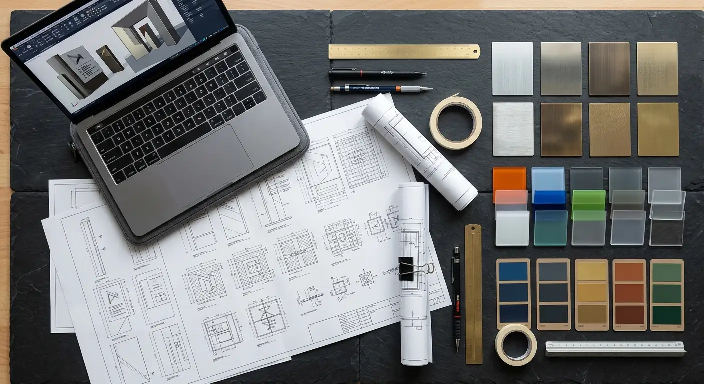 Design drawings, color swatches and material samples for a custom sign