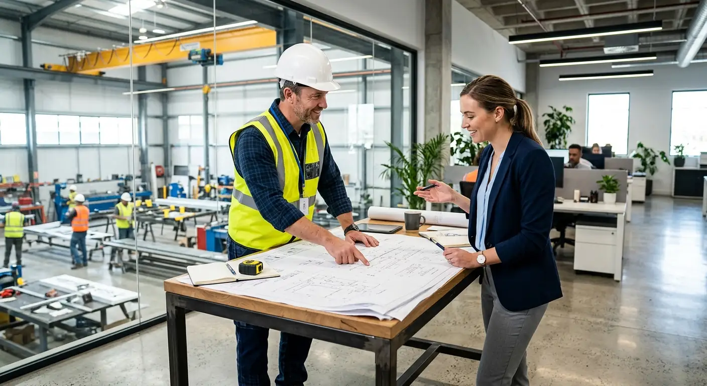 Reviewing custom sign plans on the production floor