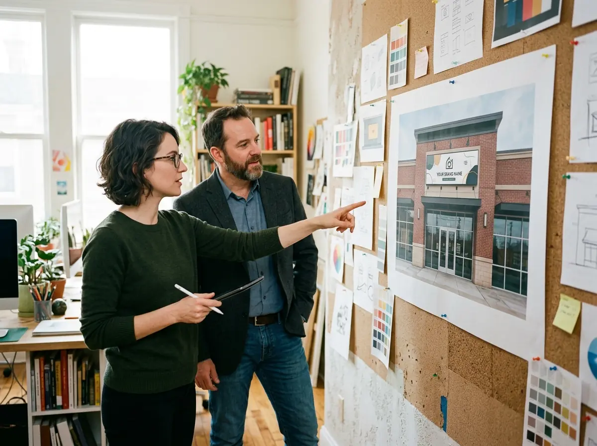 Design team reviewing a mood board of storefront photos