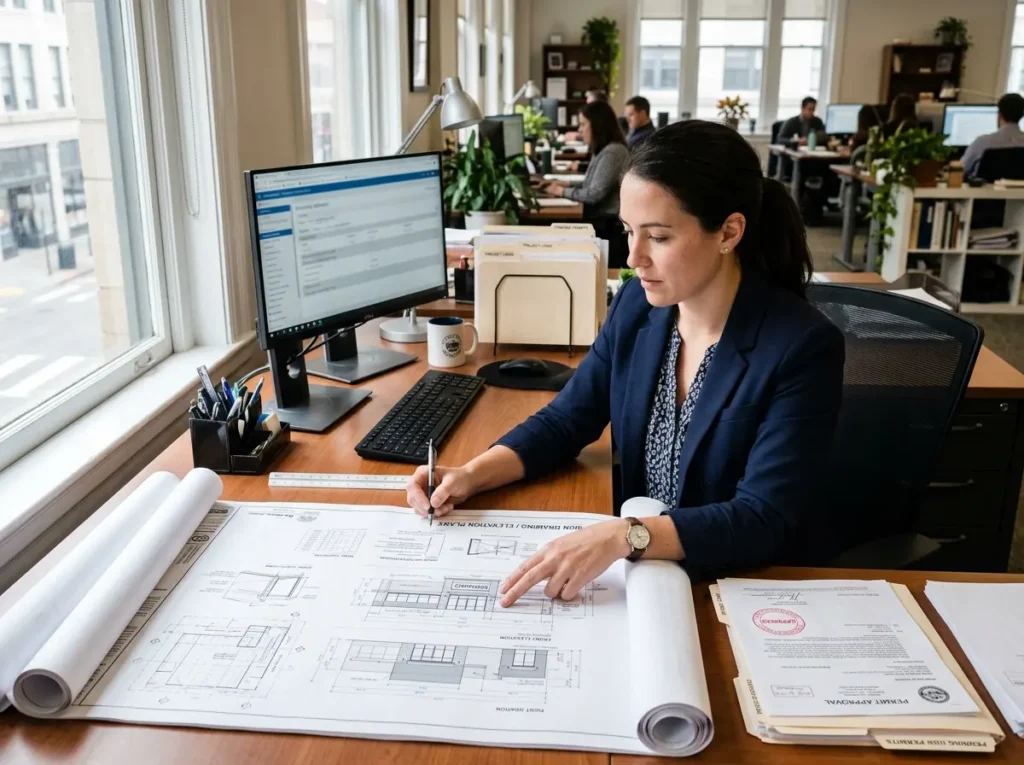Designer reviewing blueprints at an office desk