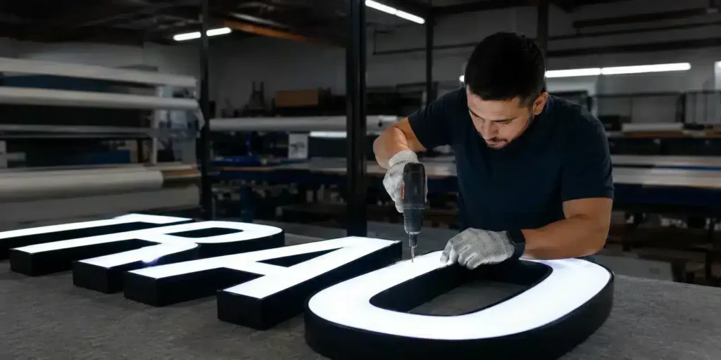 Dimensional letters being assembled in a sign workshop