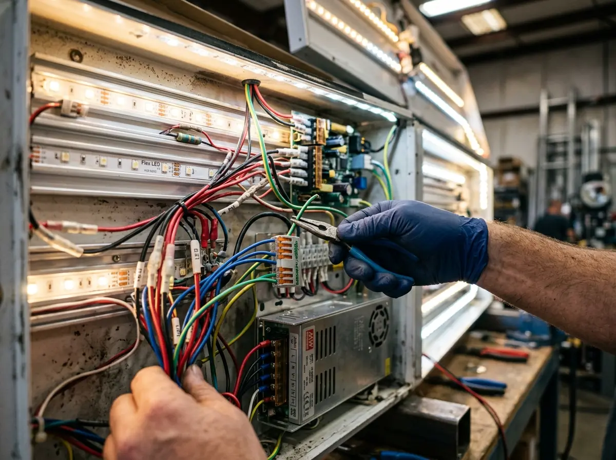 Close-up of electrical repair on LED sign wiring