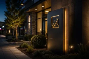 Illuminated entrance monument sign surrounded by landscaping