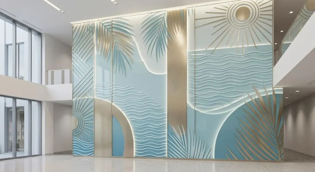 Etched glass wall graphics in a bright office interior