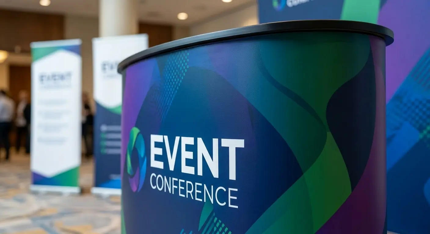 Branded event counter and roll-up banners at a conference