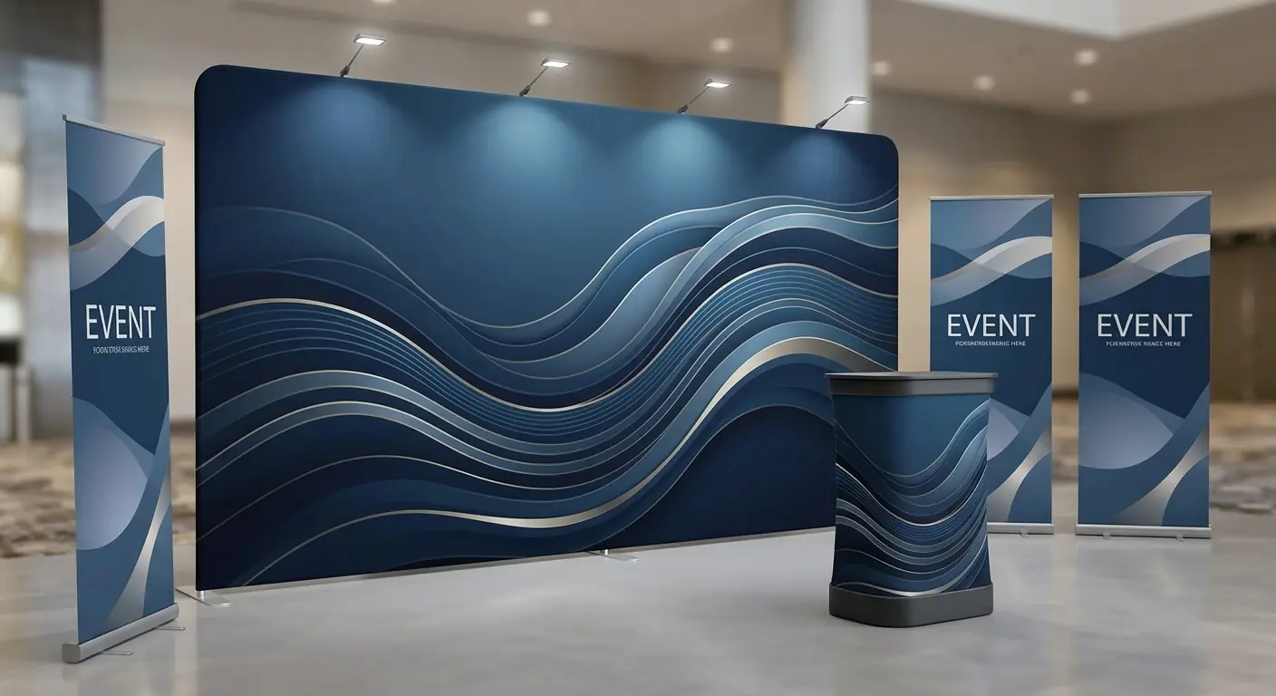 Fabric backdrop wall and banner stands at an event display