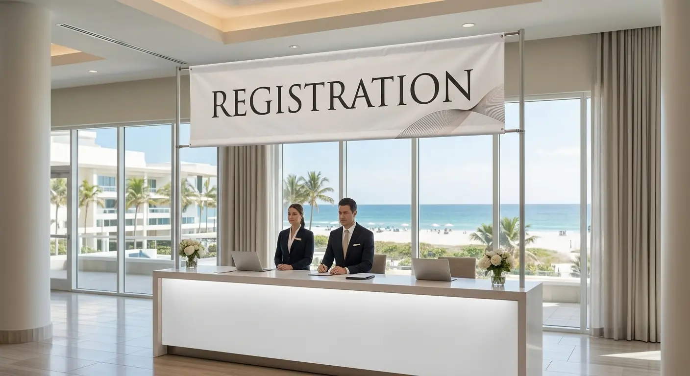 Registration banner above the check-in desk at an event