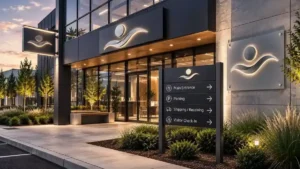 Exterior wayfinding and directional signs at a building entrance