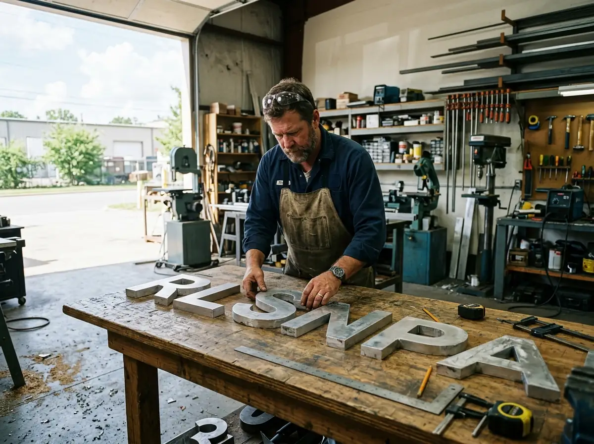 Fabricator shaping metal letters in the shop