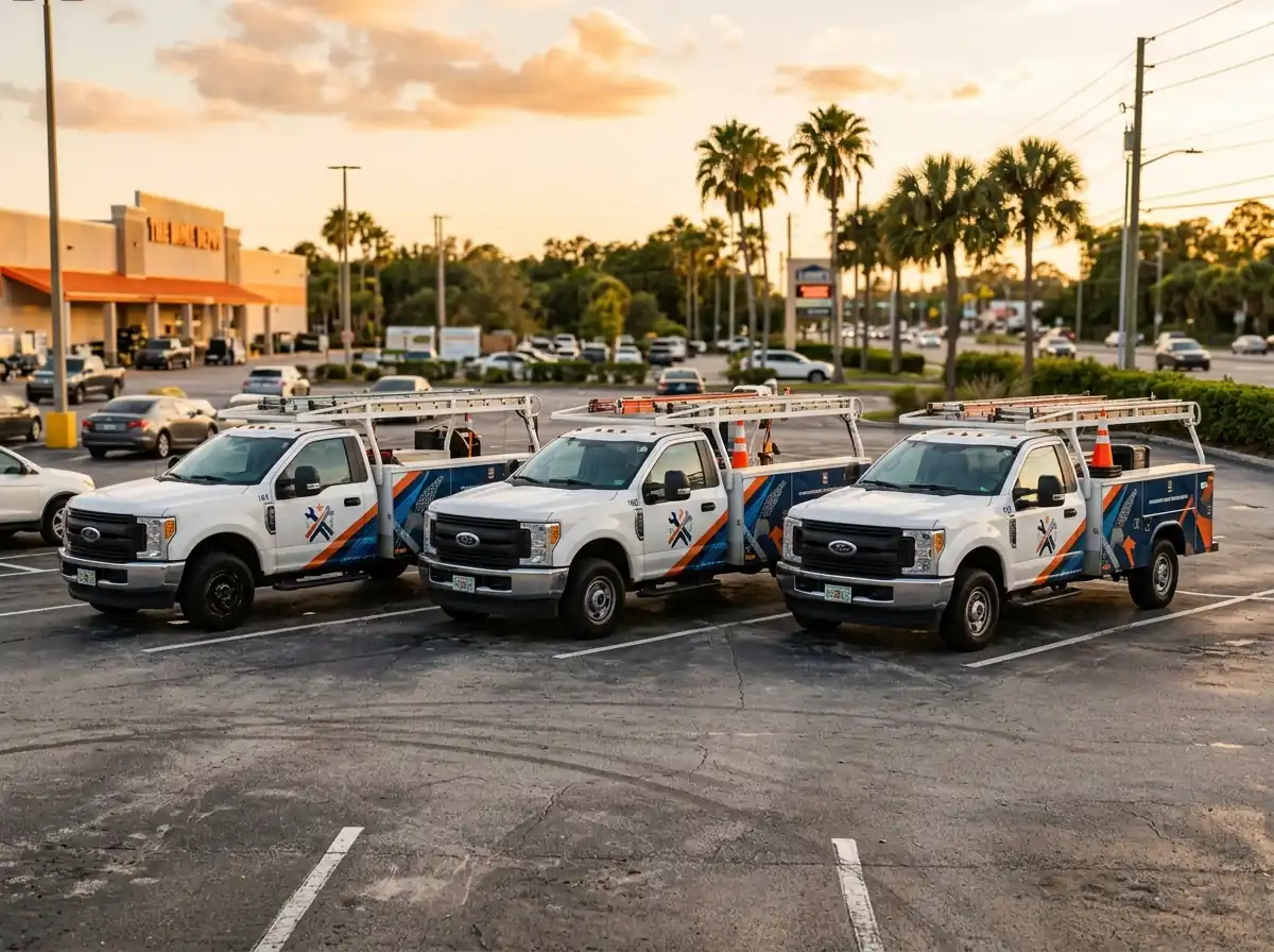 Fleet of work trucks with matching vehicle graphics