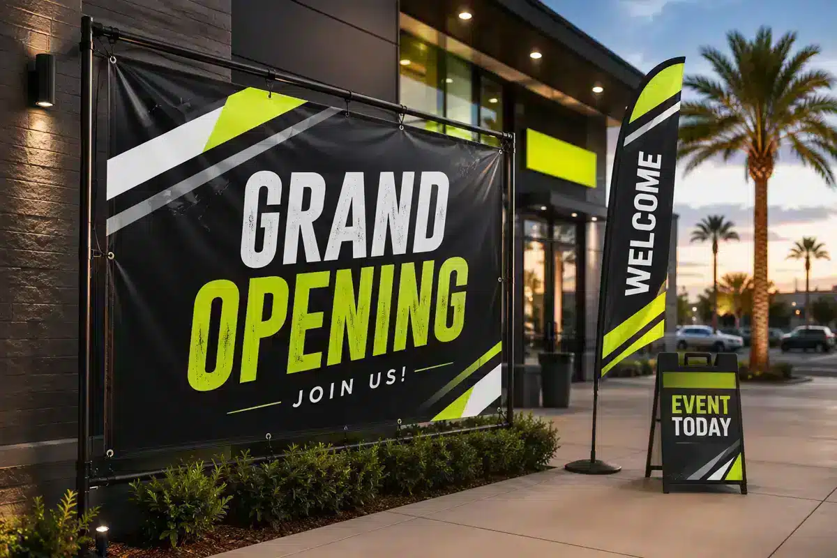 Grand opening banner and feather flag outside a new business