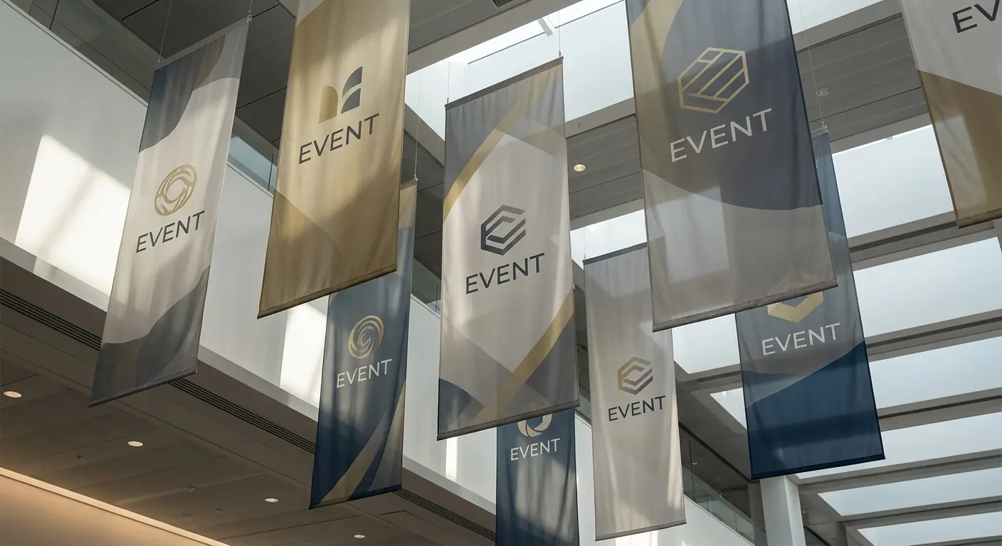 Hanging ceiling banners branding an event venue