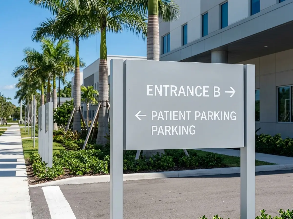Directional signs for hospital entrance and patient parking