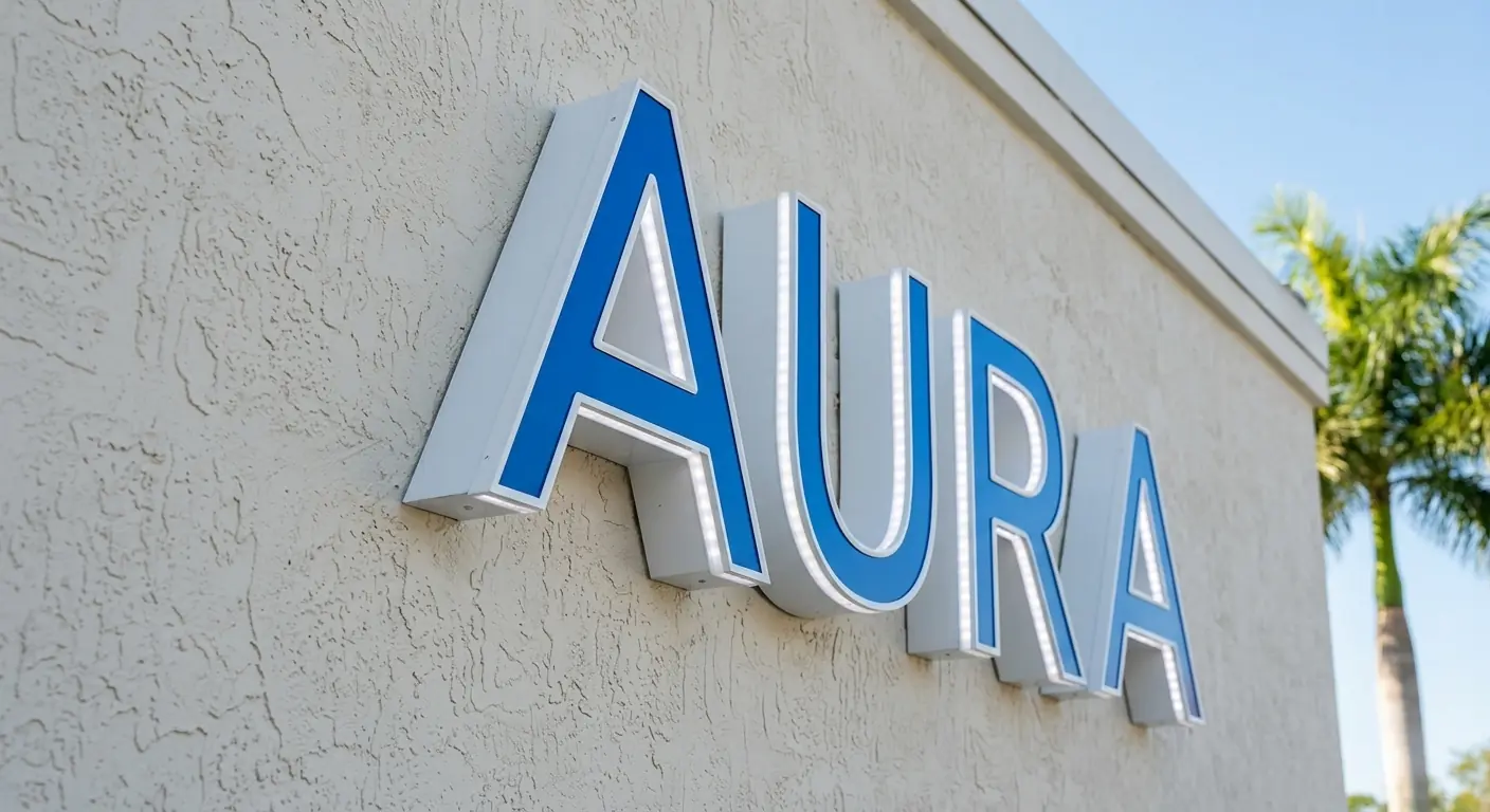 Blue illuminated channel letters on a storefront facade