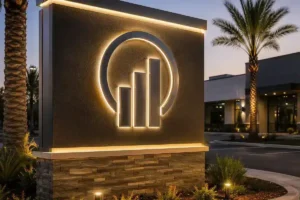 Illuminated logo monument sign at a commercial property