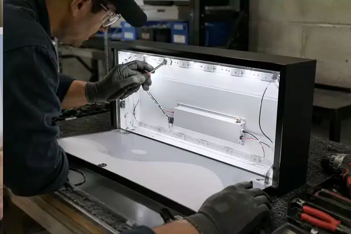 Illuminated sign cabinet being serviced on a workbench