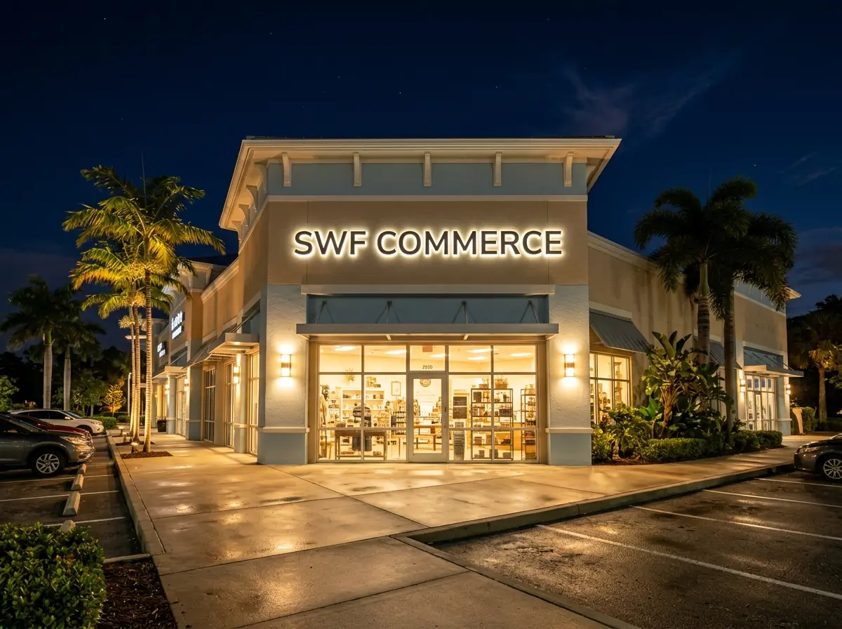 Clean illuminated storefront sign at night