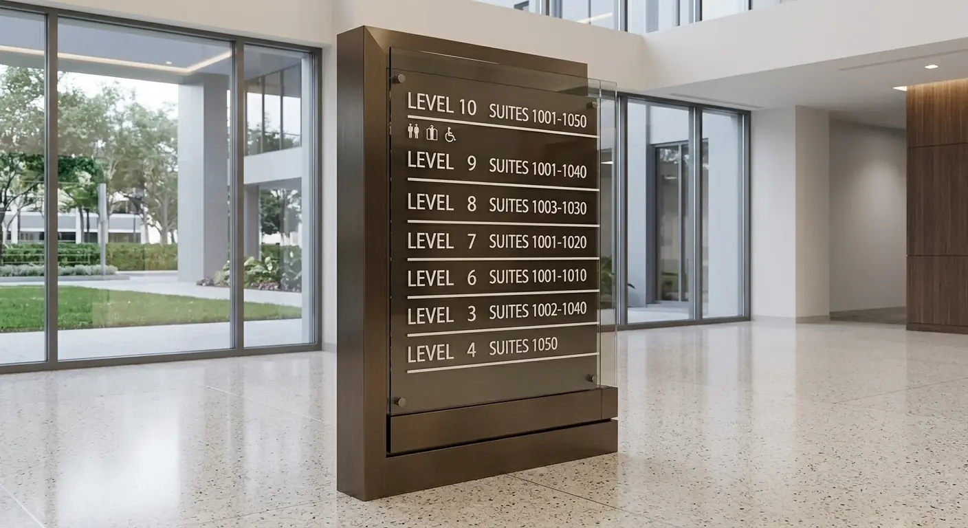 Interior building directory listing suites by floor