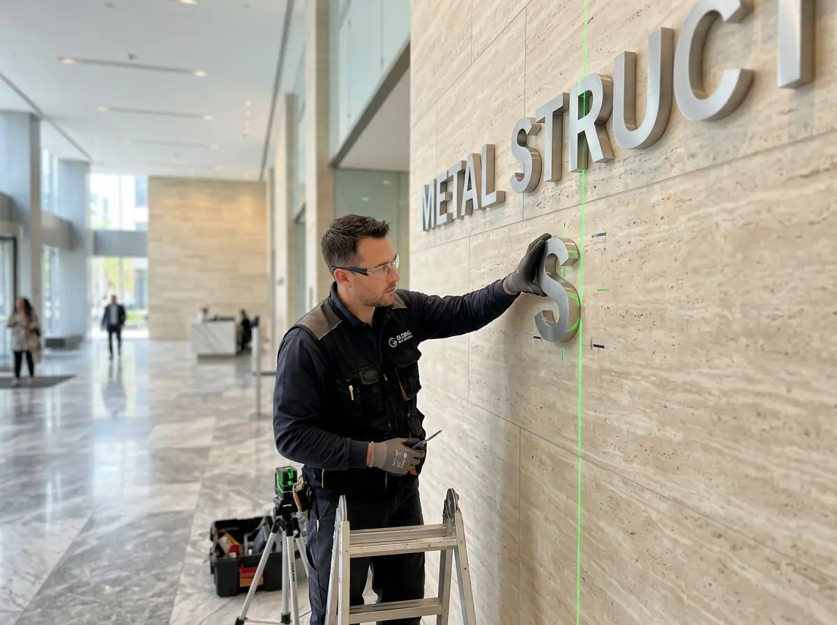 Interior installer mounting dimensional letters in a lobby