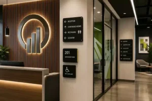 Interior lobby logo with directory and suite signage