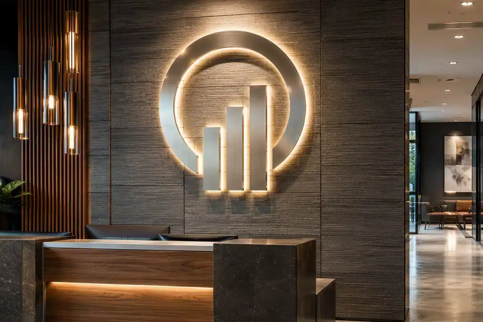 Halo-lit logo above a reception area in an office interior