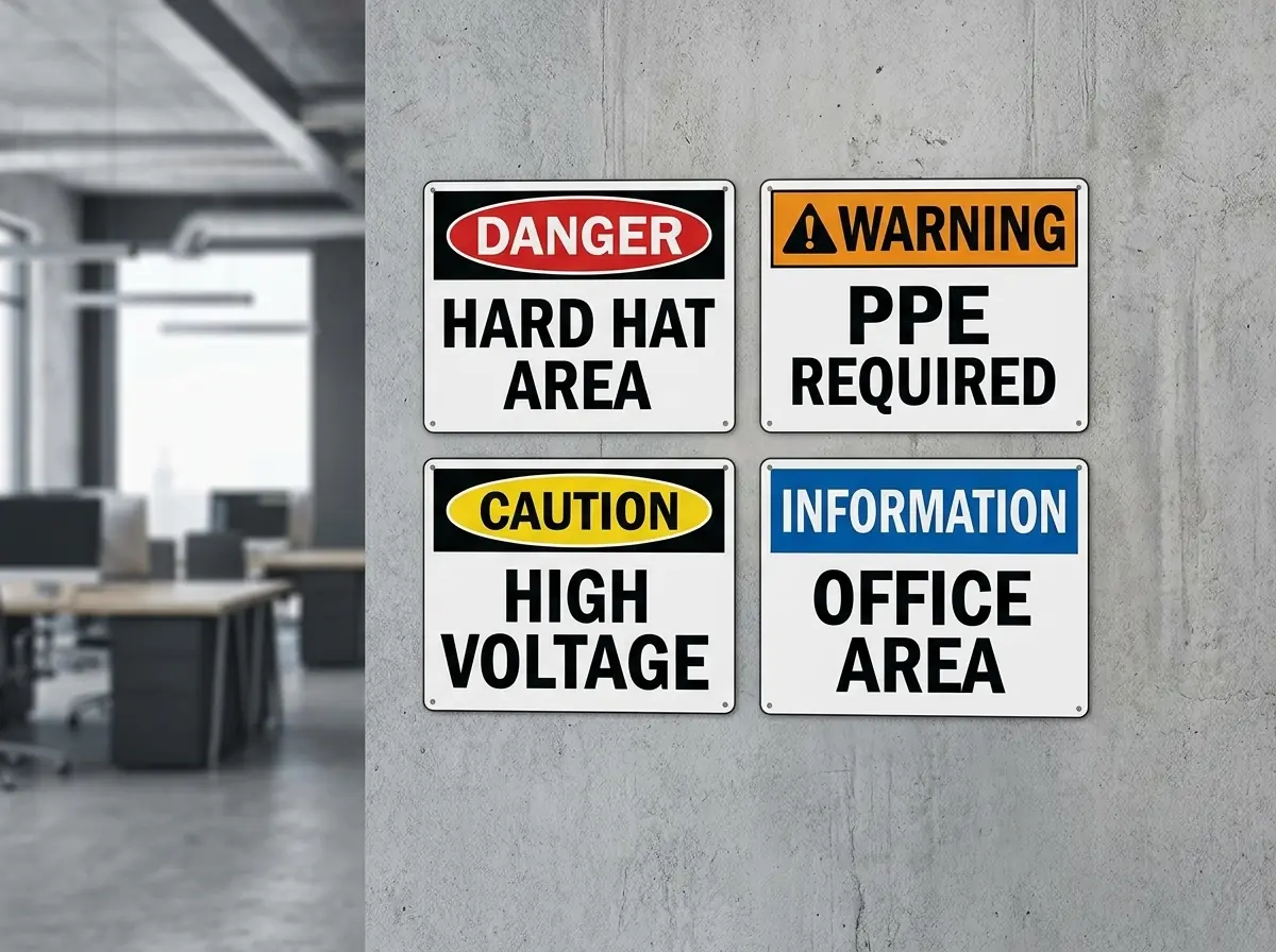 Jobsite safety signs including danger, warning and caution notices